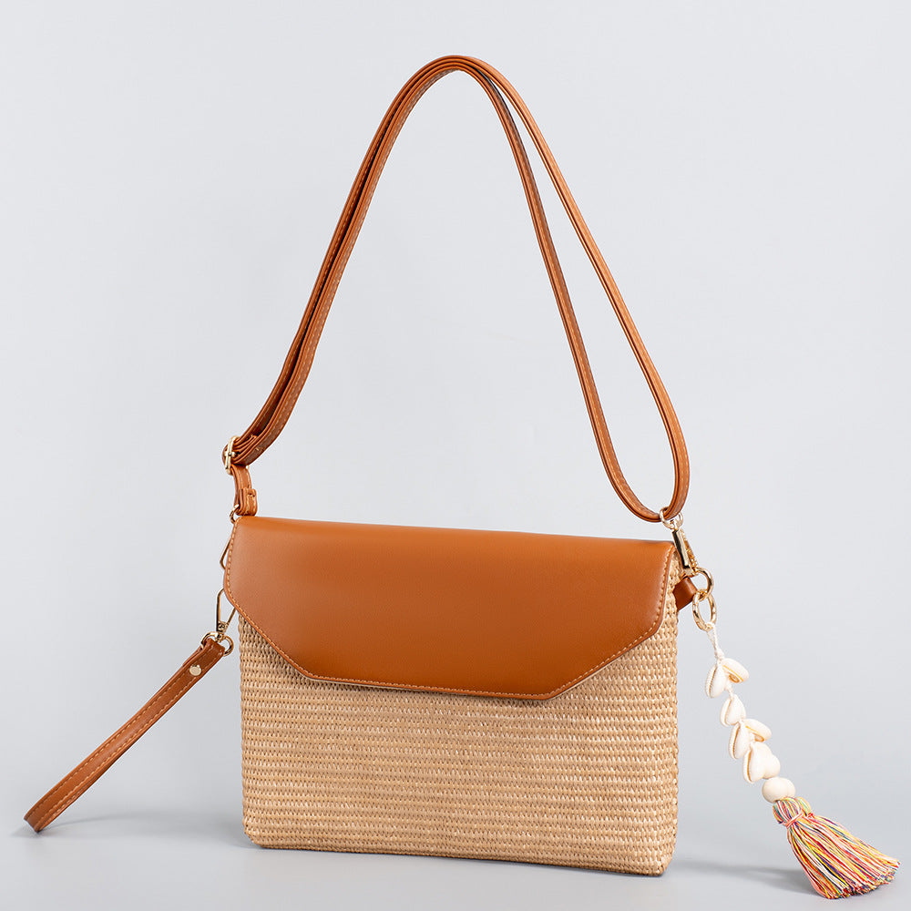 Straw Shell Tassel Crossbody Bag