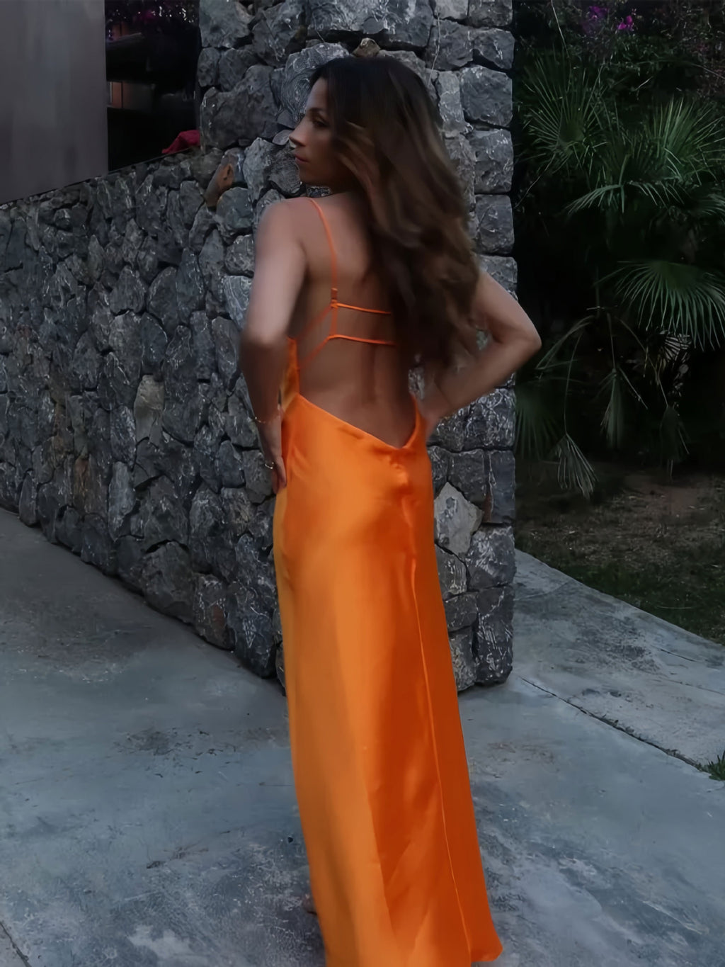 New French-style summer fresh satin slip dress with delicate spaghetti straps and a deep V-neck for an elegant look