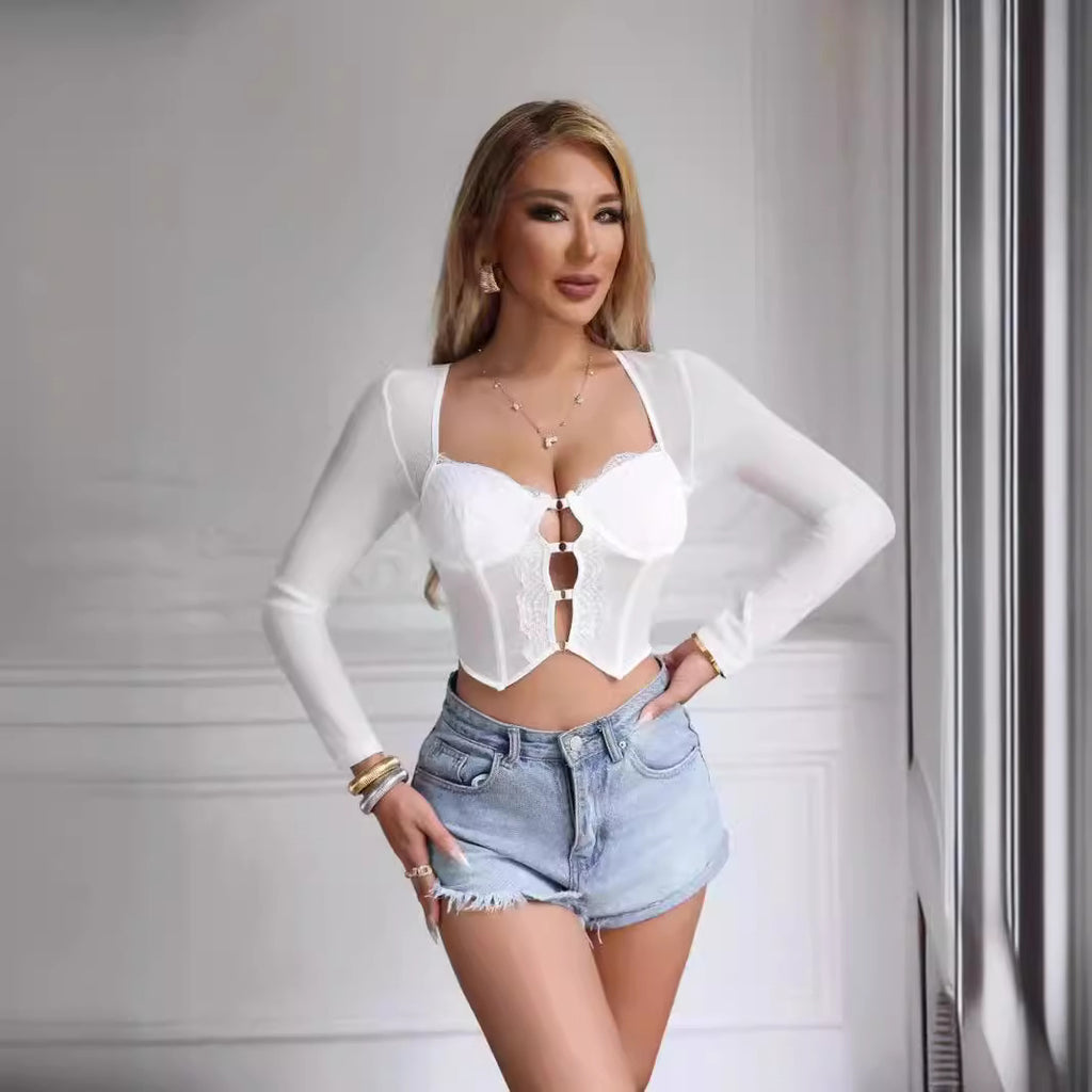 Lace Mesh Fishbone Slim Fit Top