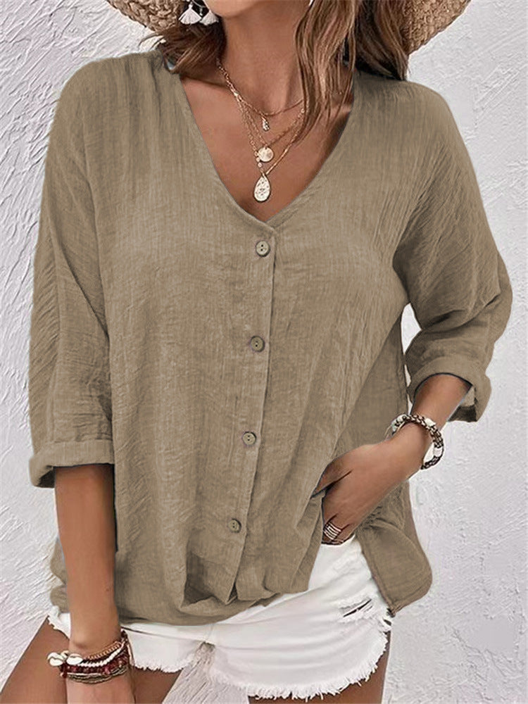 Womens V-Neck Loose Fit Short Sleeve Blouse