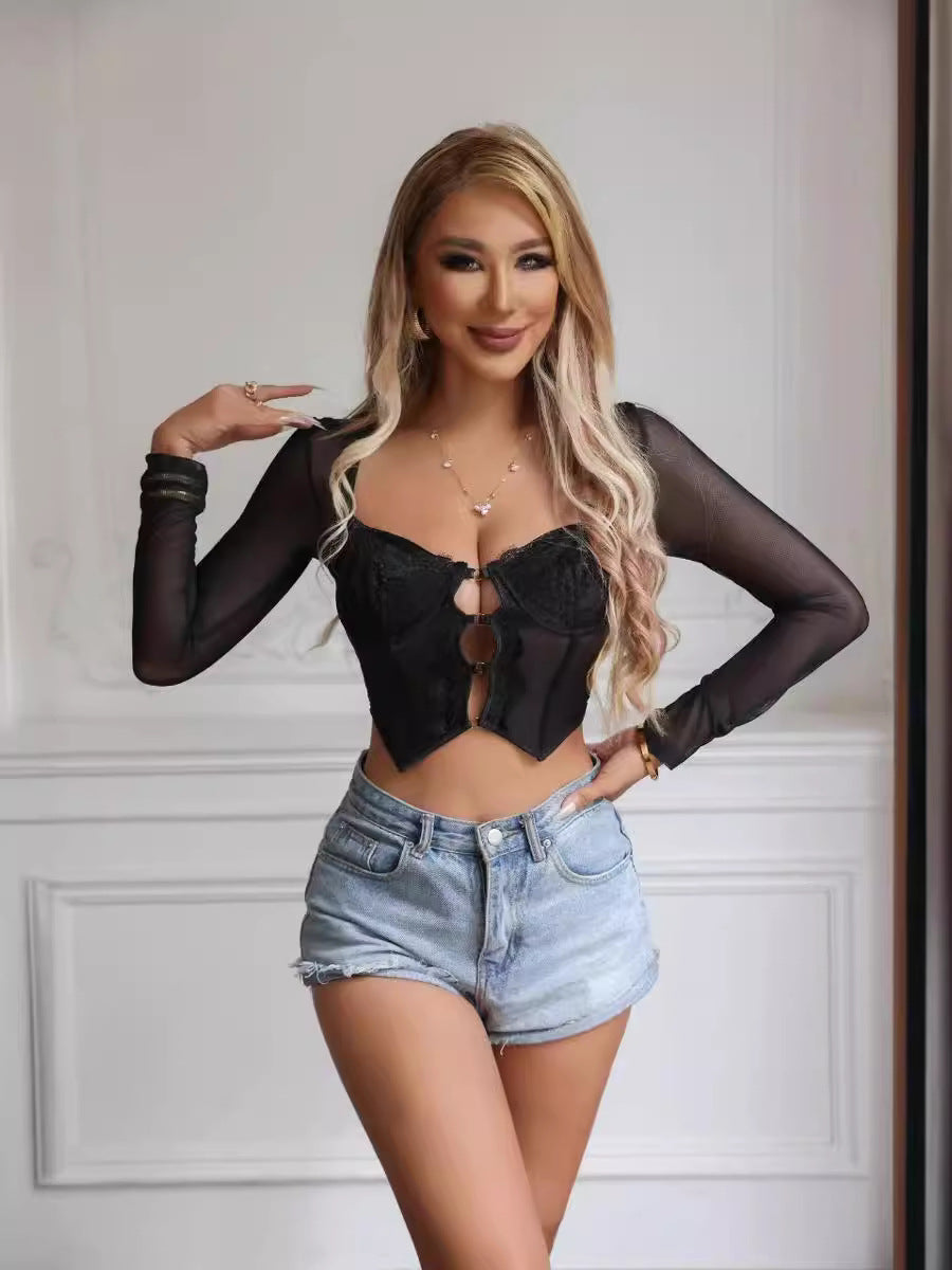 Lace Mesh Fishbone Slim Fit Top