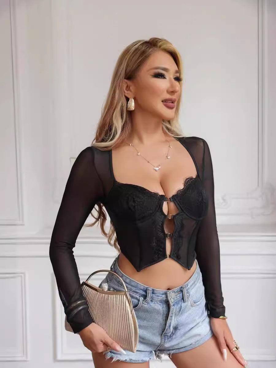 Lace Mesh Fishbone Slim Fit Top