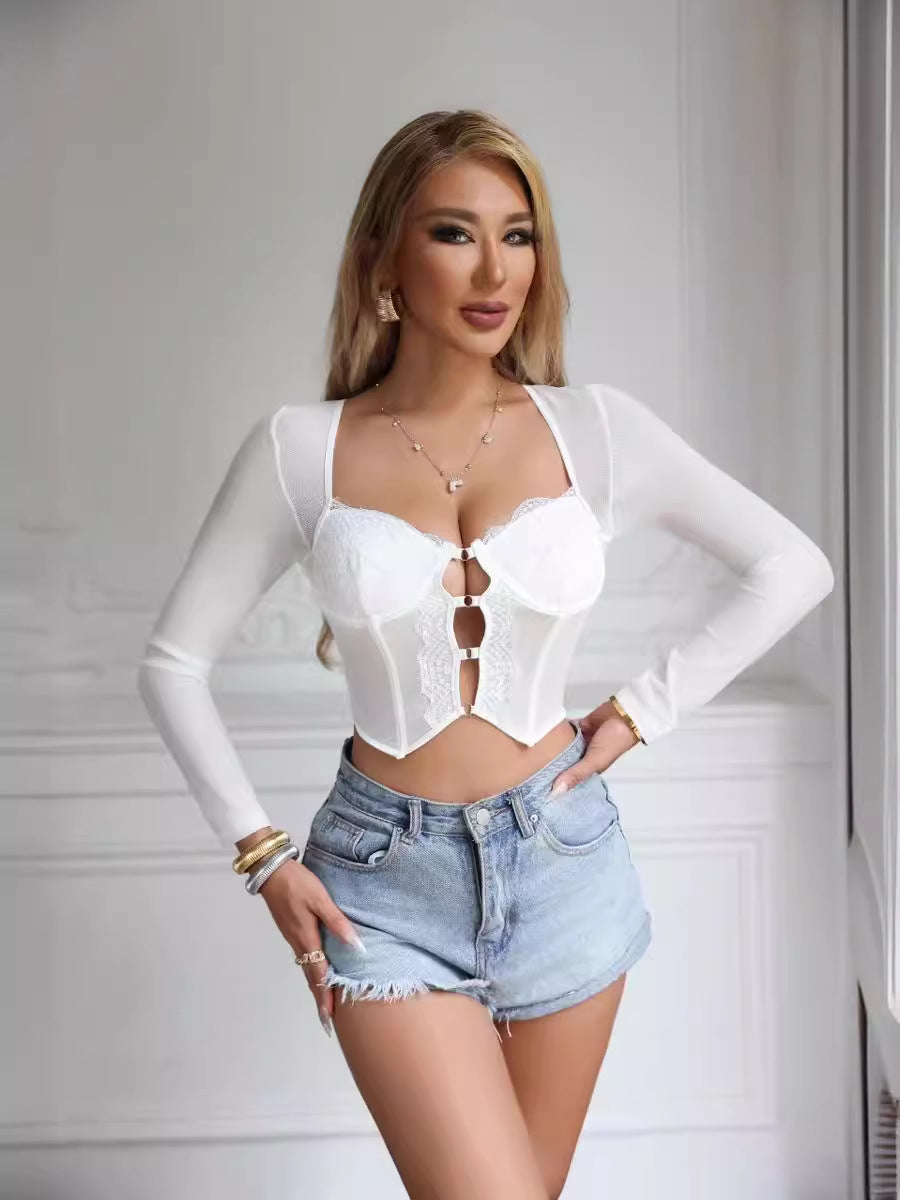 Lace Mesh Fishbone Slim Fit Top